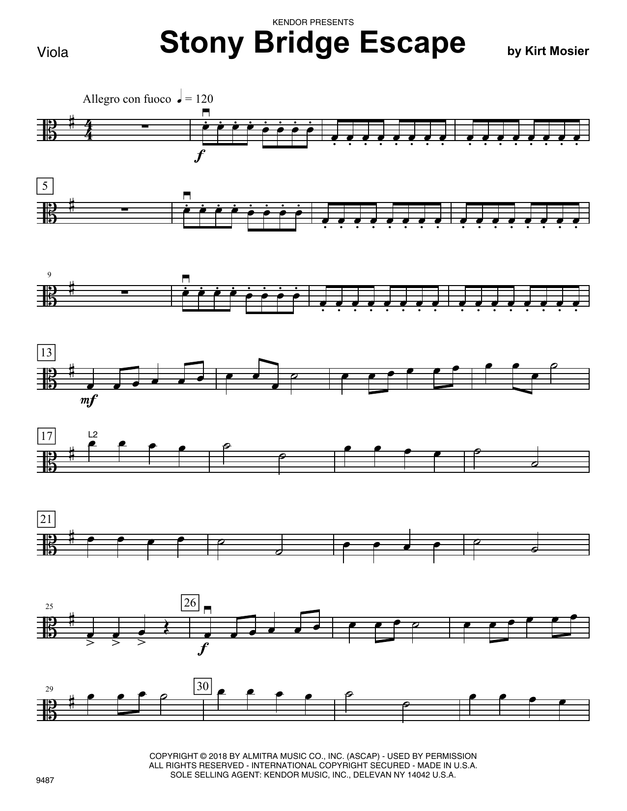 Kirt Mosier Stony Bridge Escape - Viola sheet music preview music notes and score for Orchestra including 2 page(s)