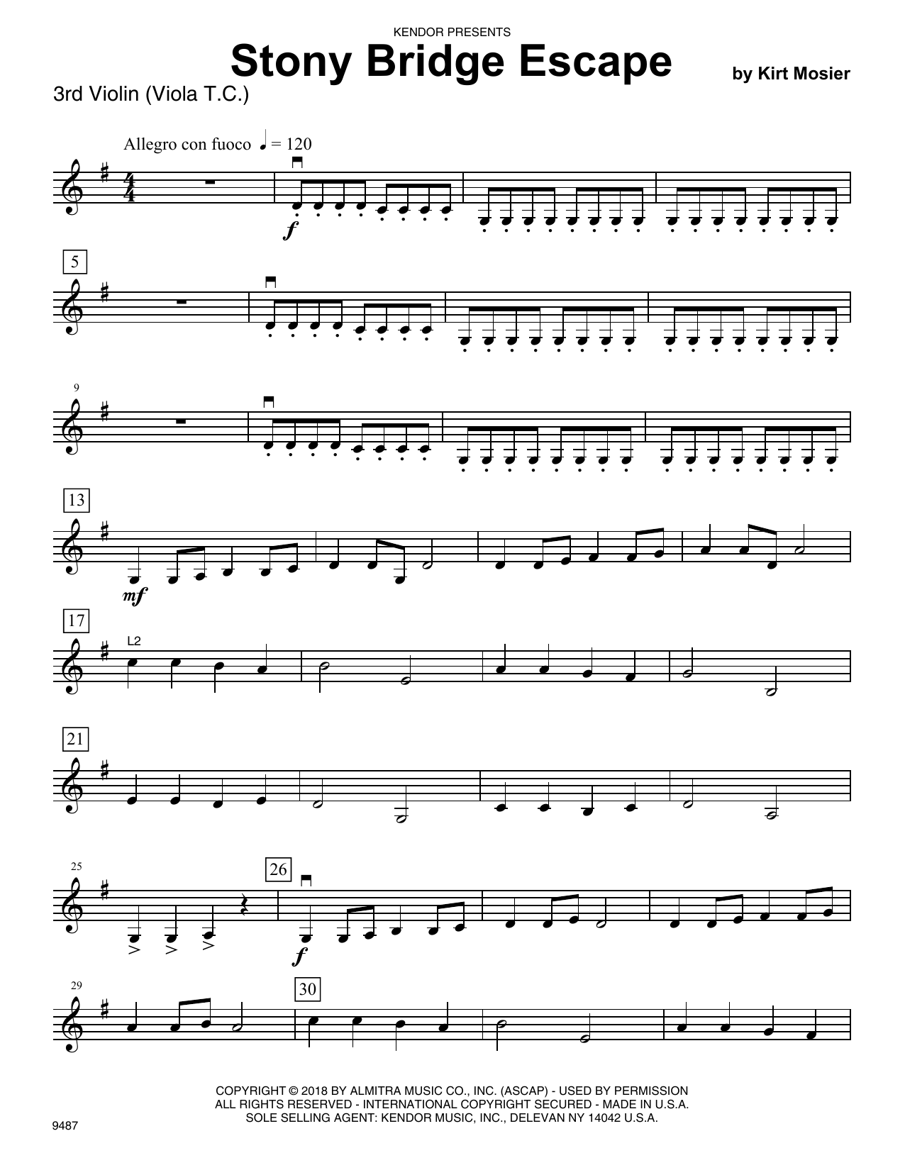 Learn to play Kirt Mosier Stony Bridge Escape - Violin 3 (Viola T.C.) sheet music for Orchestra in minutes. Kirt Mosier Stony Bridge Escape - Violin 3 (Viola T.C.) sheet music preview music notes and score for Orchestra including 2 page(s)