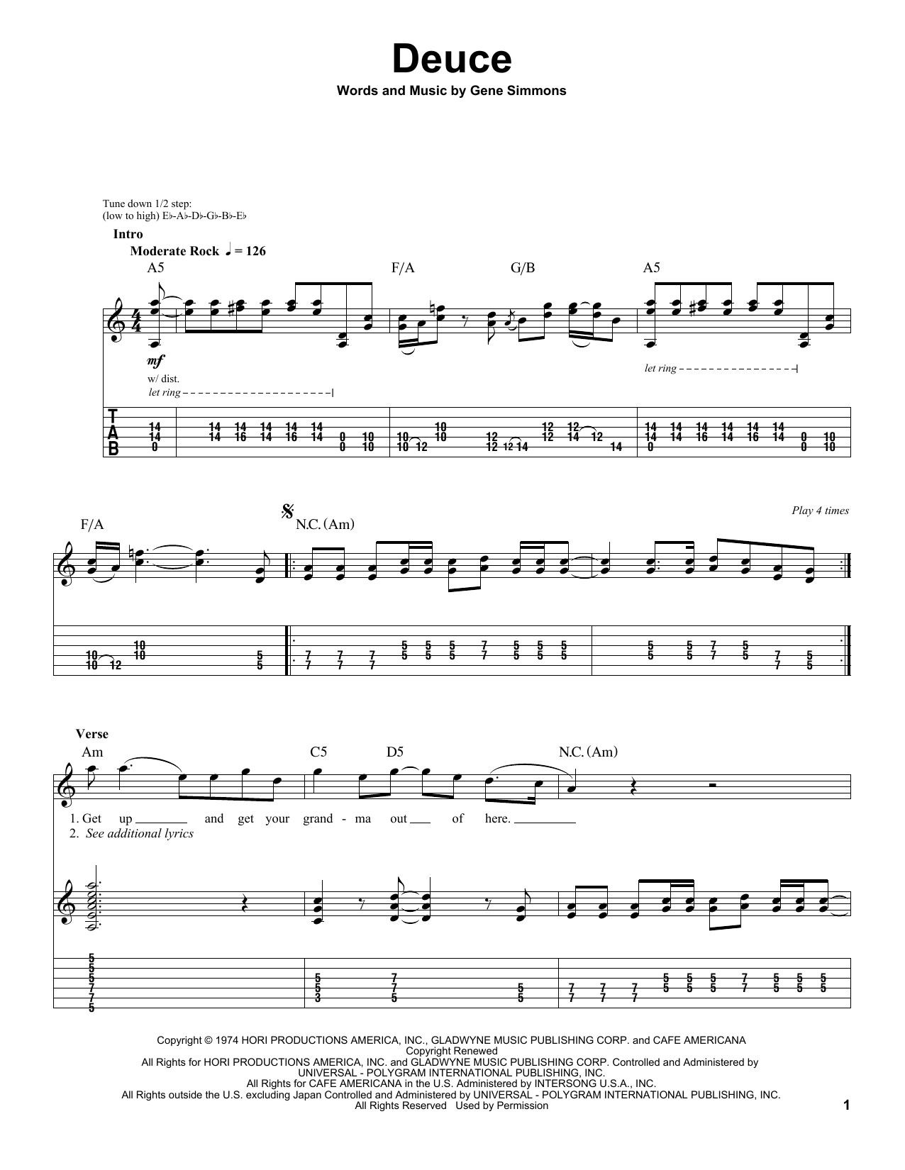 KISS Deuce sheet music preview music notes and score for Bass Guitar Tab including 4 page(s)