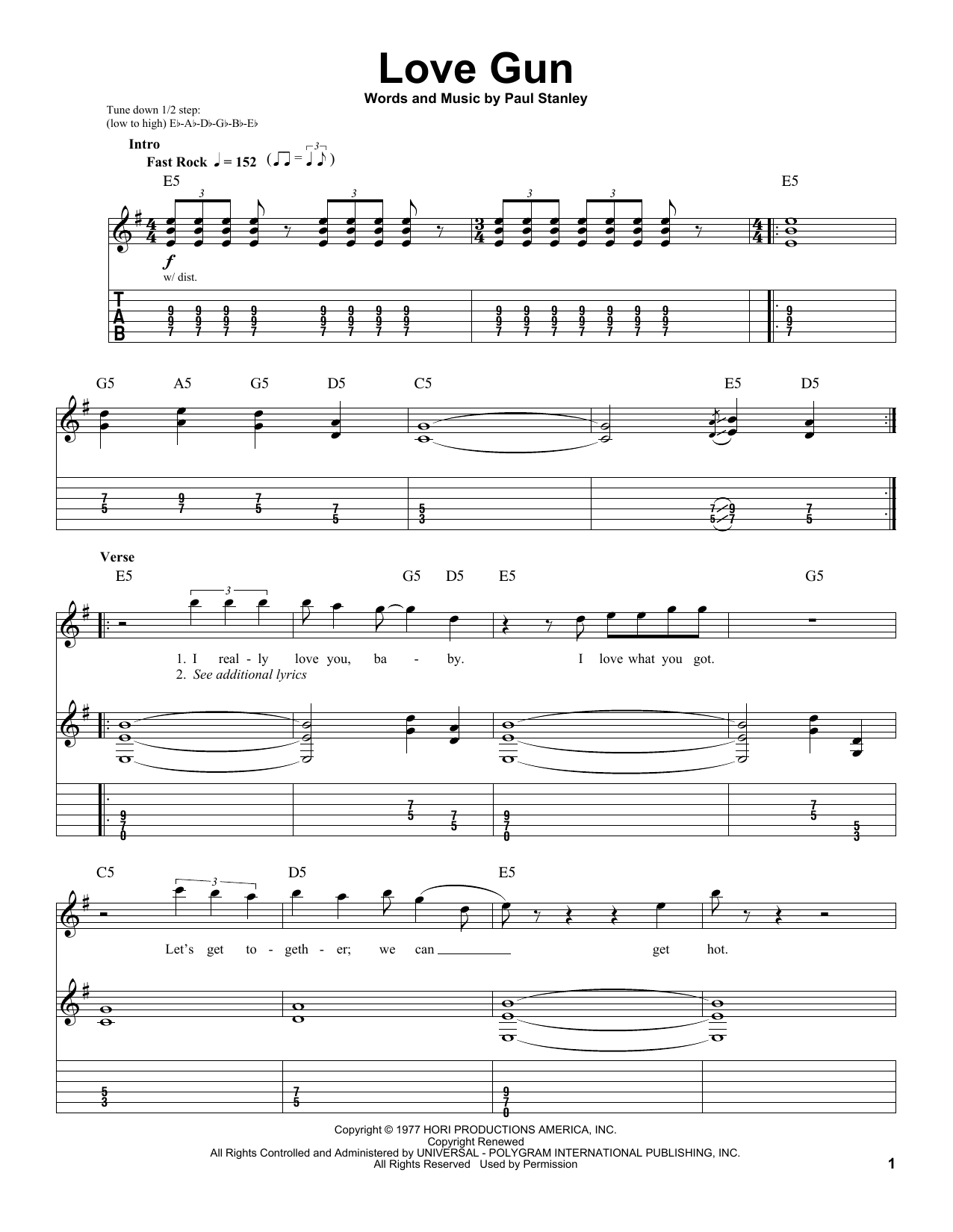 KISS Love Gun sheet music preview music notes and score for Bass Guitar Tab including 5 page(s)