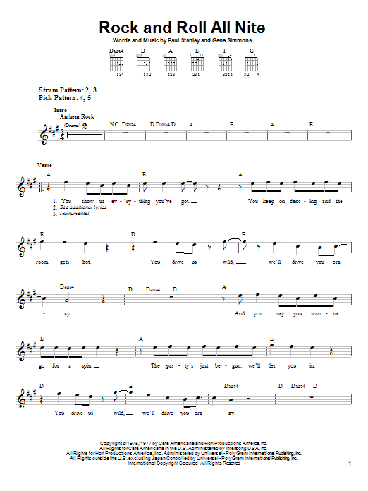 Learn to play KISS Rock And Roll All Nite sheet music for Bass Guitar Tab in minutes. KISS Rock And Roll All Nite sheet music preview music notes and score for Bass Guitar Tab including 5 page(s)