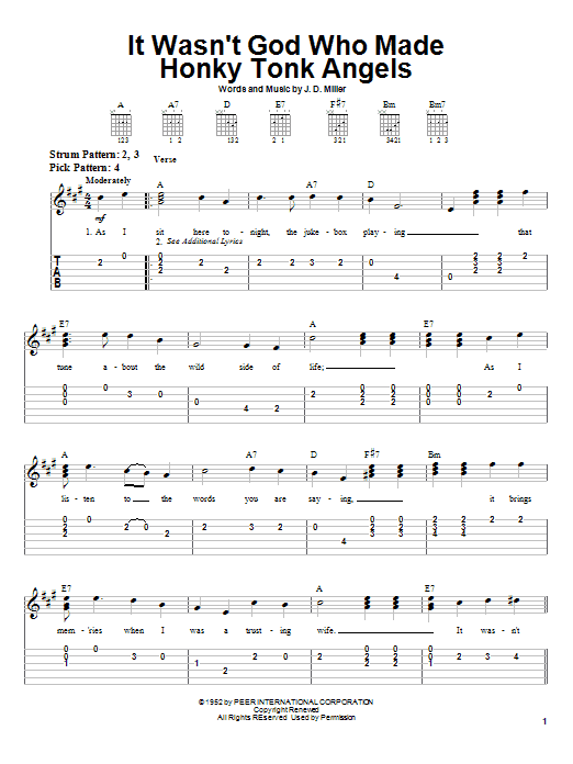 Learn to play Kitty Wells It Wasn't God Who Made Honky Tonk Angels sheet music for Easy Guitar in minutes. Kitty Wells It Wasn't God Who Made Honky Tonk Angels sheet music preview music notes and score for Easy Guitar including 2 page(s)