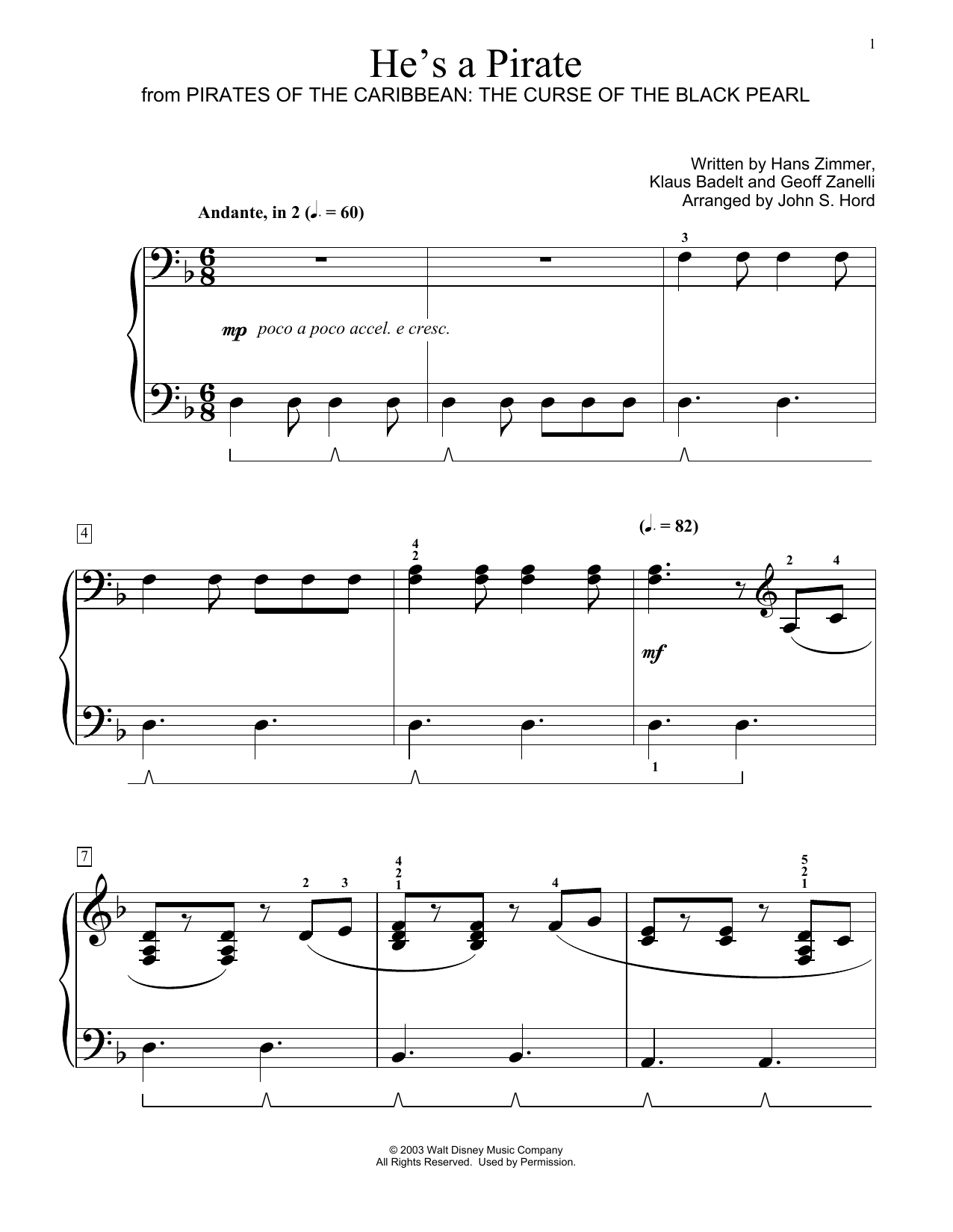 Klaus Badelt He's A Pirate (from Pirates Of The Caribbean: The Curse of the Black Pearl) (arr. John S. Hord) sheet music, chords, lyrics - Printable PDF for Educational Piano