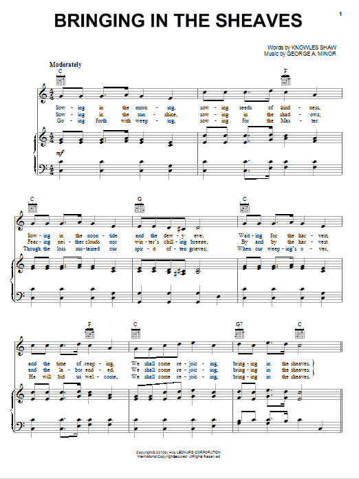 Learn to play Knowles Shaw Bringing In The Sheaves sheet music for Piano, Vocal & Guitar (Right-Hand Melody) in minutes. Knowles Shaw Bringing In The Sheaves sheet music preview music notes and score for Piano, Vocal & Guitar (Right-Hand Melody) including 2 page(s)