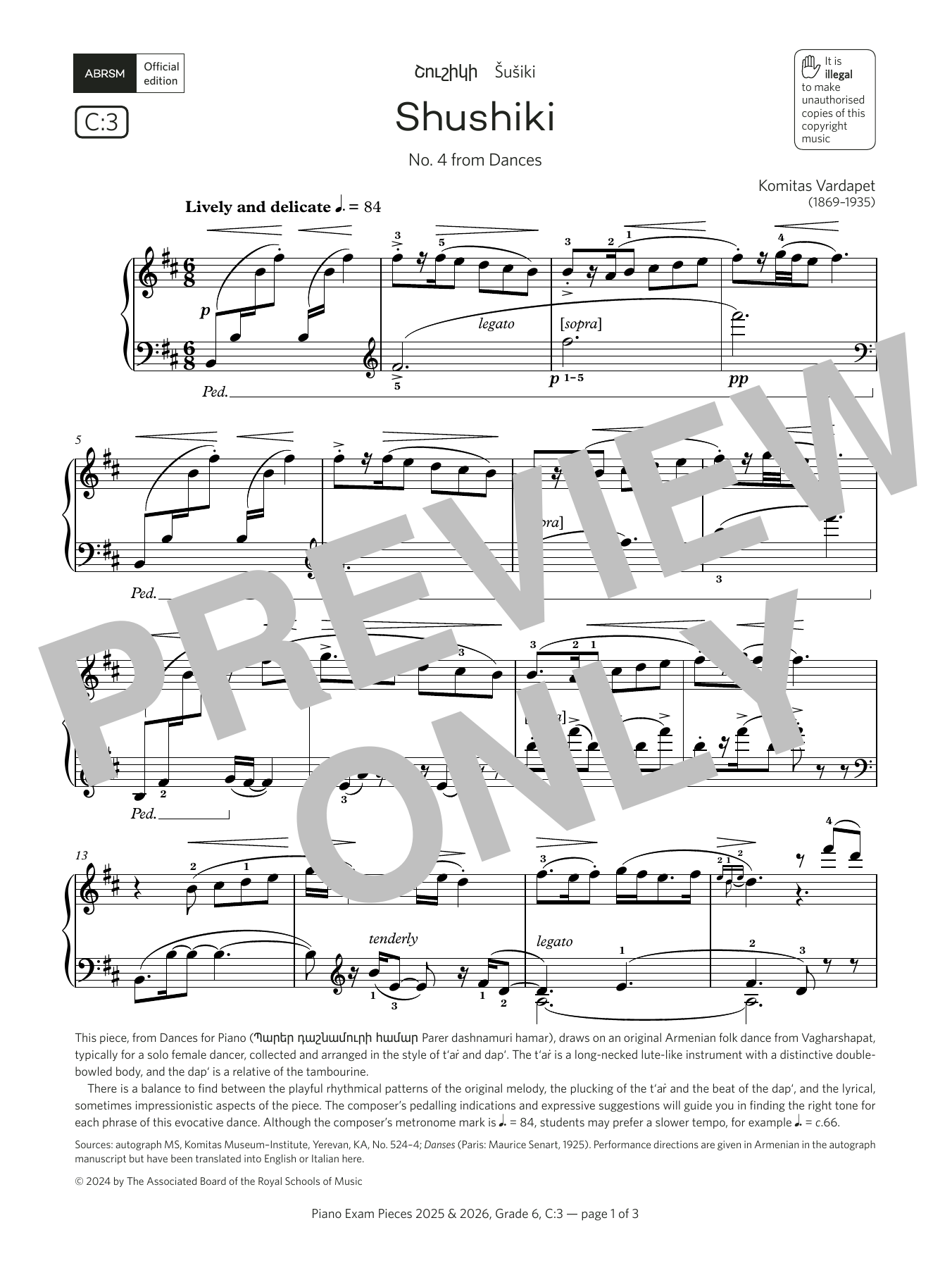 Komitas Vardapet Shushiki (Grade 6, list C3, from the ABRSM Piano Syllabus 2025 & 2026) sheet music, chords, lyrics - Printable PDF for Piano Solo