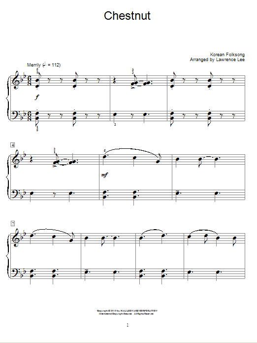 Learn to play Traditional Korean Folk Song Chestnut sheet music for Easy Piano in minutes. Traditional Korean Folk Song Chestnut sheet music preview music notes and score for Easy Piano including 2 page(s)