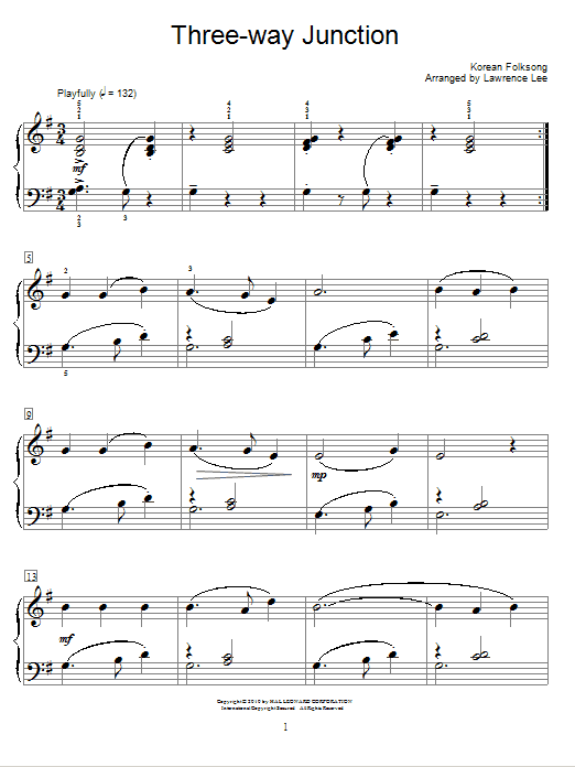 Learn to play Traditional Korean Folk Song Three-Way Junction sheet music for Easy Piano in minutes. Traditional Korean Folk Song Three-Way Junction sheet music preview music notes and score for Easy Piano including 2 page(s)