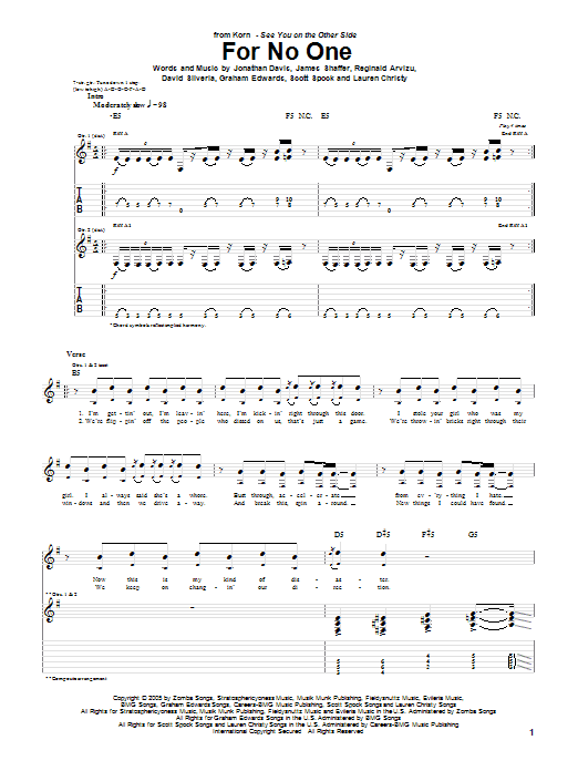 Learn to play Korn For No One sheet music for Guitar Tab in minutes. Korn For No One sheet music preview music notes and score for Guitar Tab including 5 page(s)