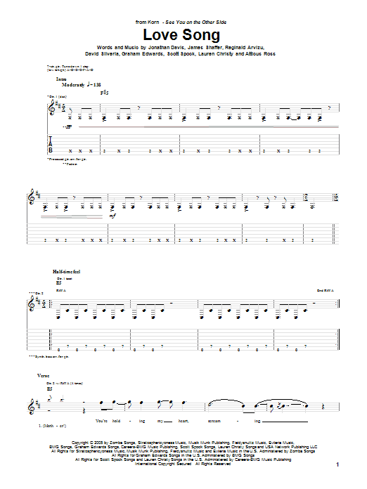 Learn to play Korn Love Song sheet music for Guitar Tab in minutes. Korn Love Song sheet music preview music notes and score for Guitar Tab including 7 page(s)