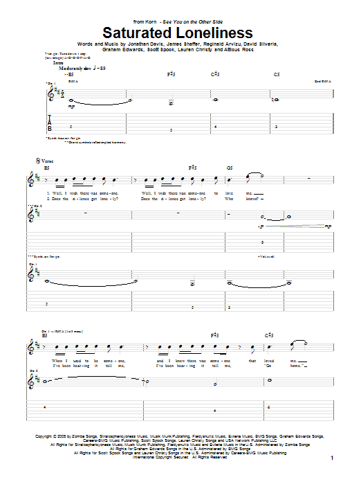 Learn to play Korn Saturated Loneliness sheet music for Guitar Tab in minutes. Korn Saturated Loneliness sheet music preview music notes and score for Guitar Tab including 7 page(s)