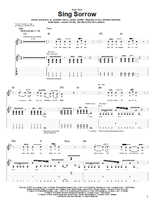 Korn Sing Sorrow sheet music, chords, lyrics - Printable PDF for Guitar Tab