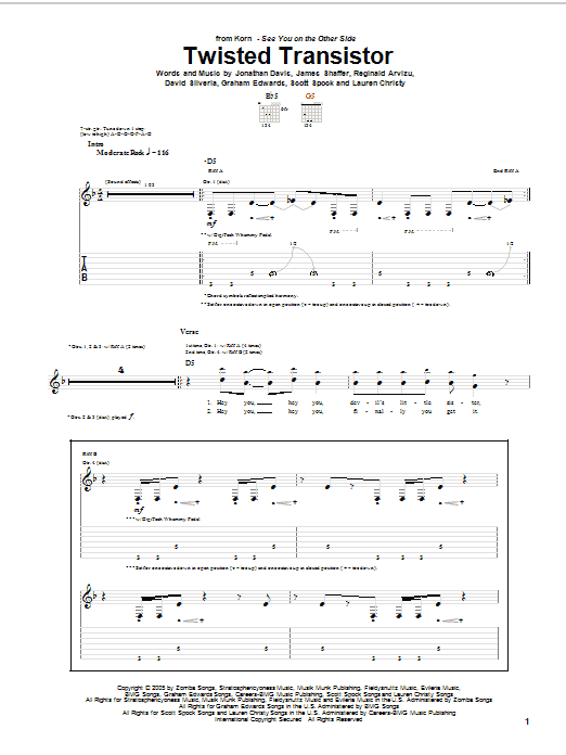 Korn Twisted Transistor sheet music, chords, lyrics - Printable PDF for Guitar Tab