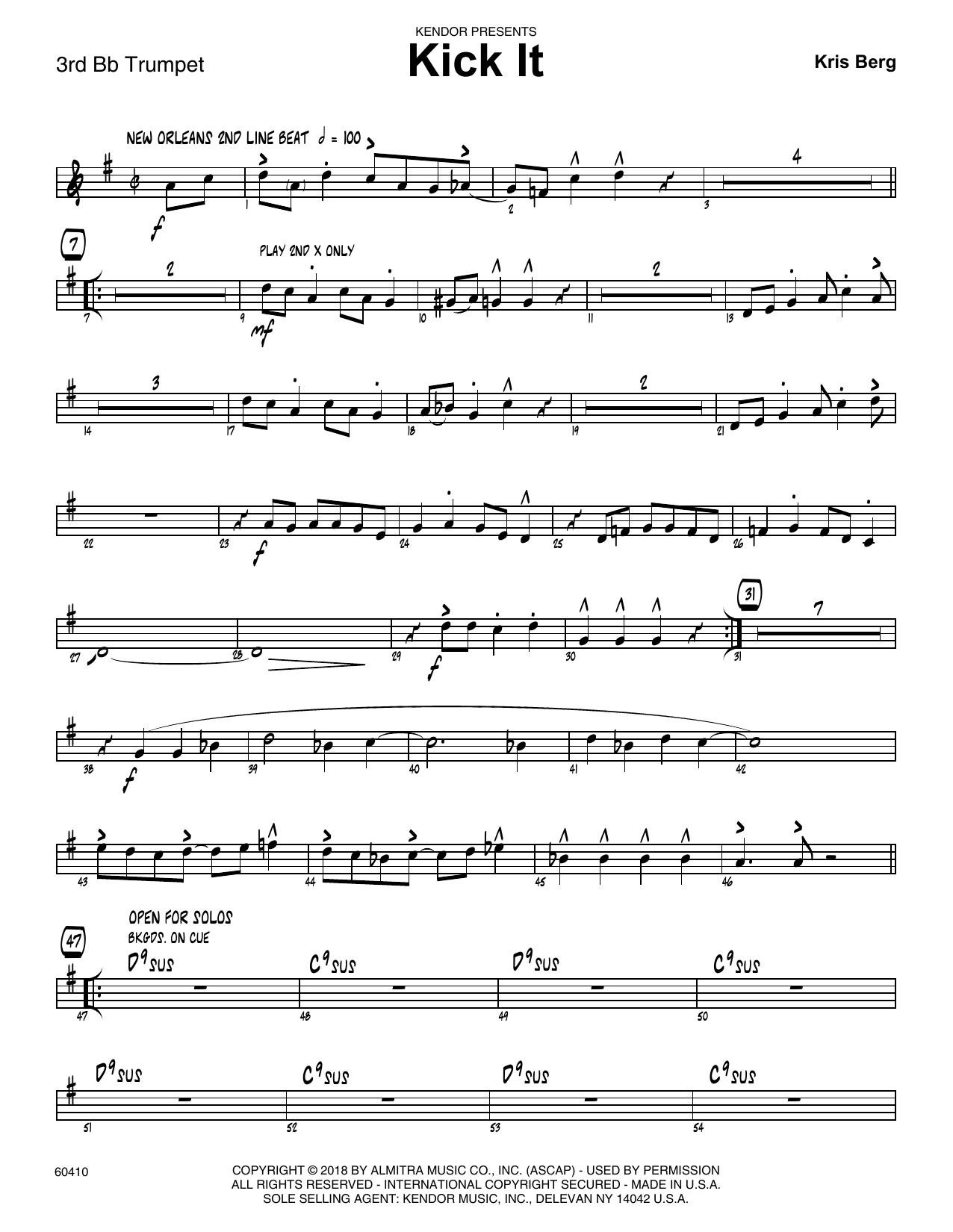 Learn to play Kris Berg Kick It - 3rd Bb Trumpet sheet music for Jazz Ensemble in minutes. Kris Berg Kick It - 3rd Bb Trumpet sheet music preview music notes and score for Jazz Ensemble including 3 page(s)