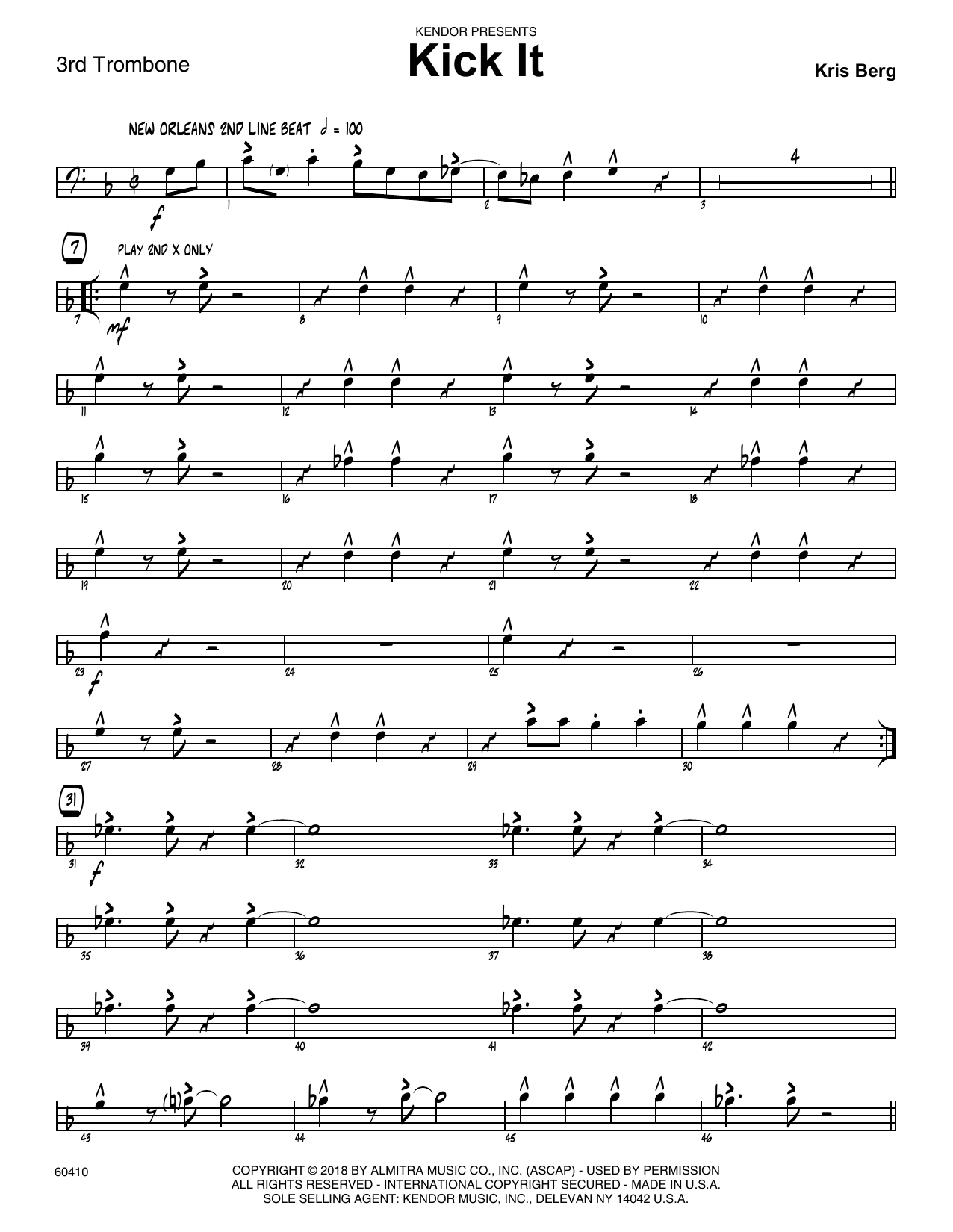 Learn to play Kris Berg Kick It - 3rd Trombone sheet music for Jazz Ensemble in minutes. Kris Berg Kick It - 3rd Trombone sheet music preview music notes and score for Jazz Ensemble including 4 page(s)