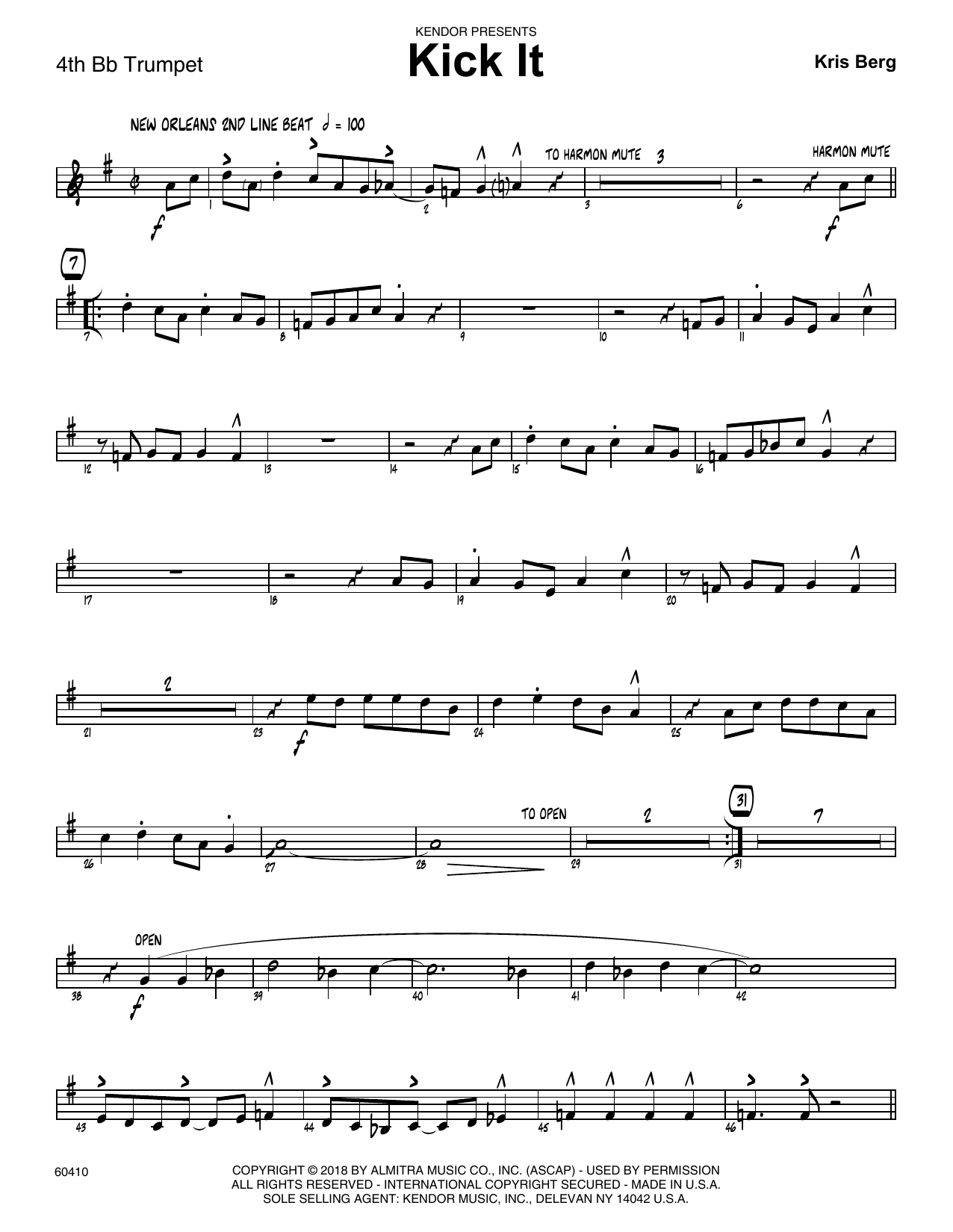 Learn to play Kris Berg Kick It - 4th Bb Trumpet sheet music for Jazz Ensemble in minutes. Kris Berg Kick It - 4th Bb Trumpet sheet music preview music notes and score for Jazz Ensemble including 3 page(s)
