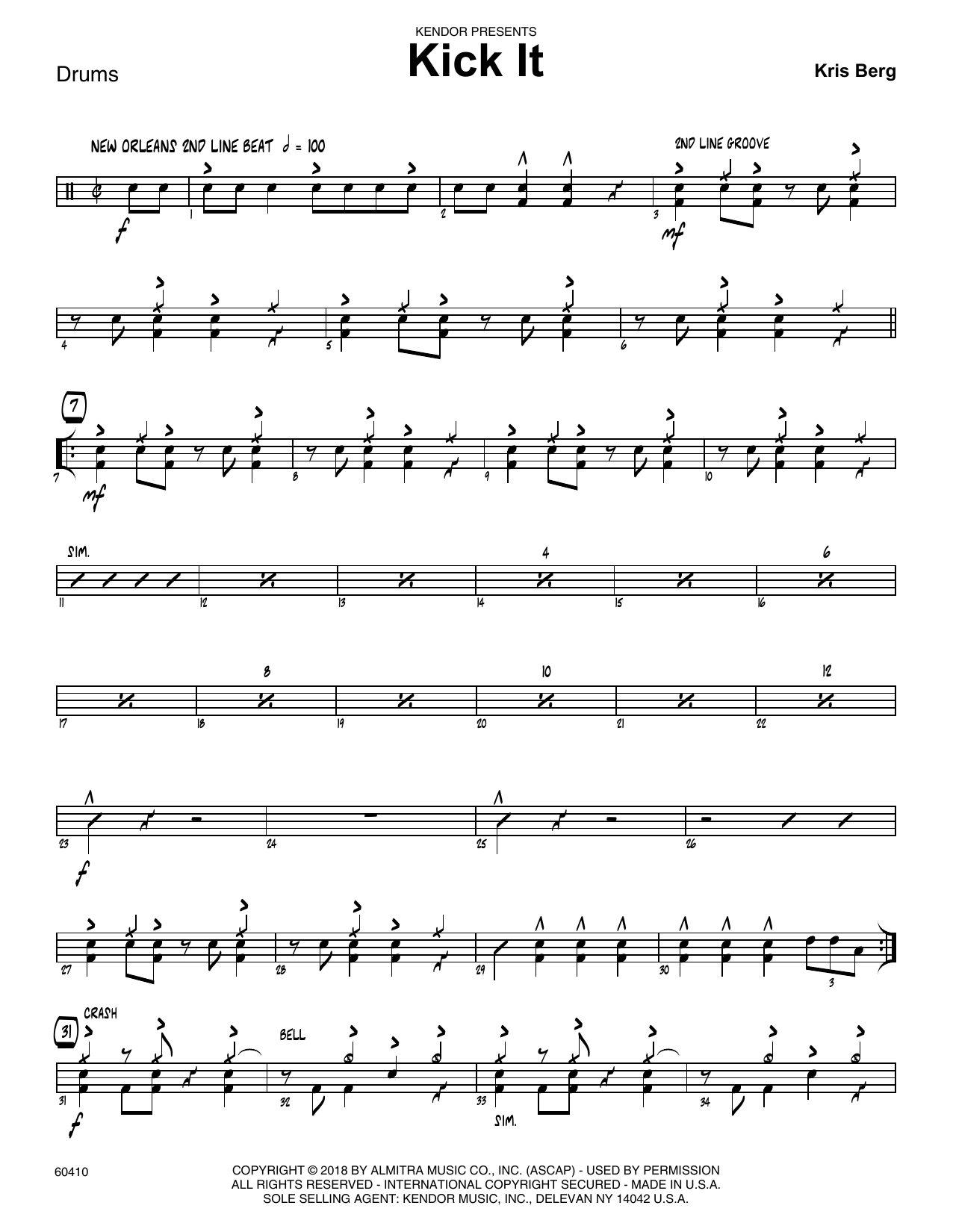 Learn to play Kris Berg Kick It - Drum Set sheet music for Jazz Ensemble in minutes. Kris Berg Kick It - Drum Set sheet music preview music notes and score for Jazz Ensemble including 4 page(s)