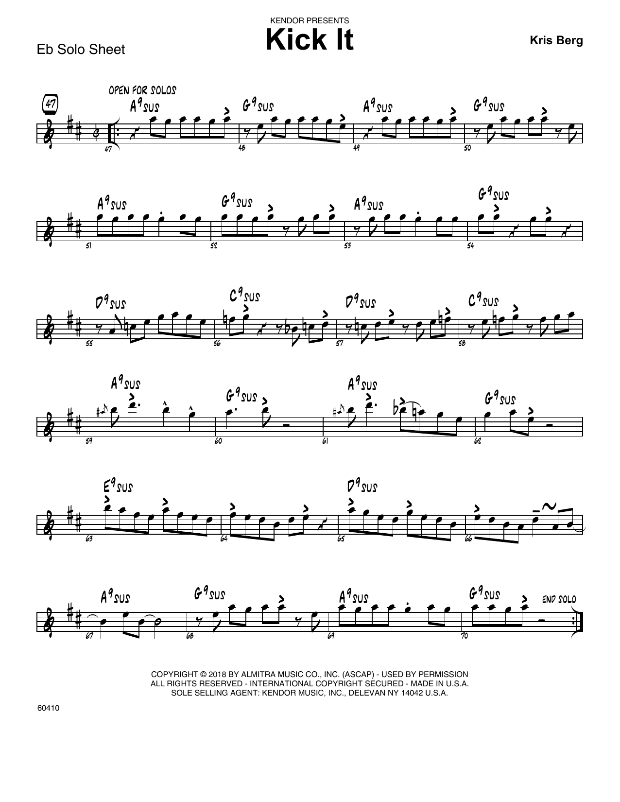Learn to play Kris Berg Kick It - Solo Sheet - Alto Sax sheet music for Jazz Ensemble in minutes. Kris Berg Kick It - Solo Sheet - Alto Sax sheet music preview music notes and score for Jazz Ensemble including 2 page(s)