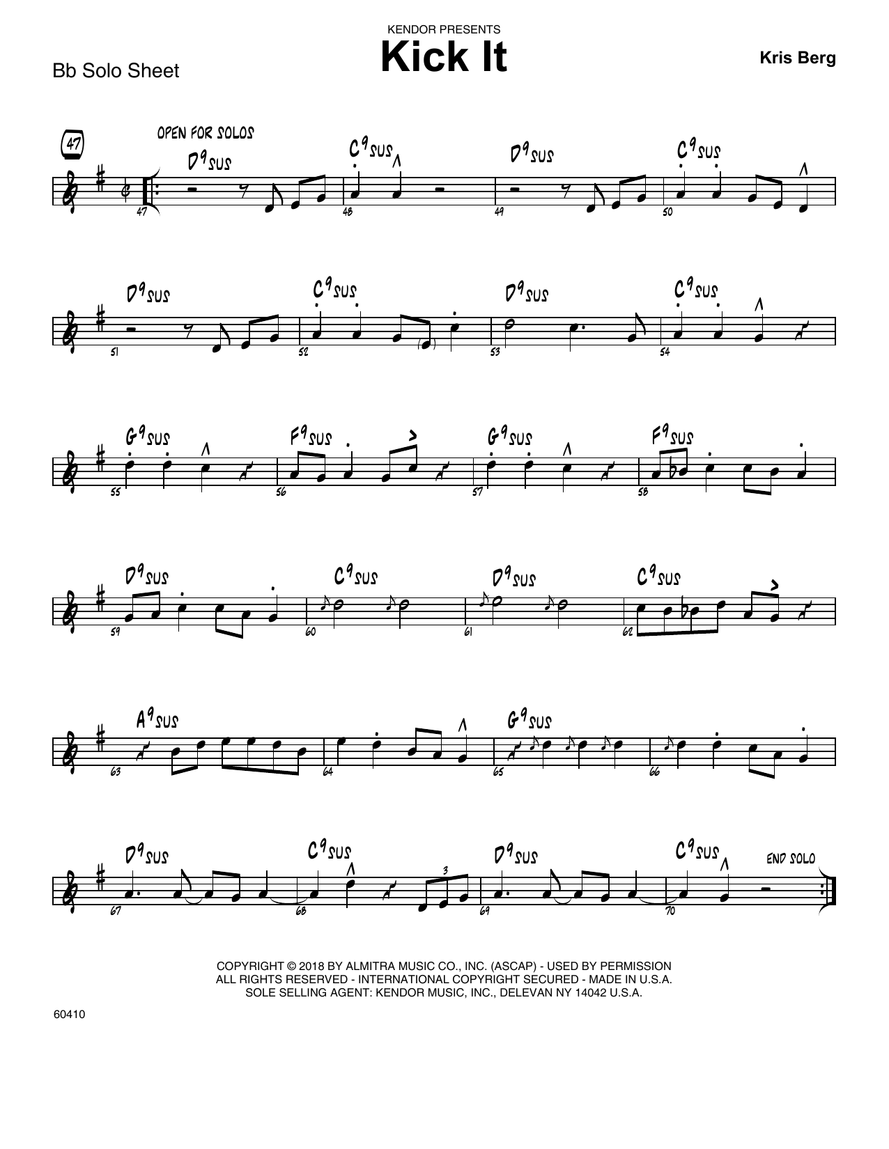 Kris Berg Kick It - Solo Sheet - Tenor Sax sheet music preview music notes and score for Jazz Ensemble including 2 page(s)