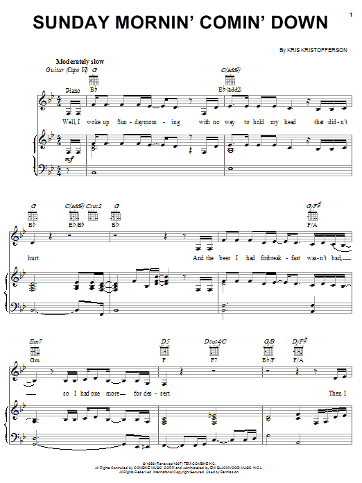 Learn to play Kris Kristofferson Sunday Mornin' Comin' Down sheet music for Piano, Vocal & Guitar (Right-Hand Melody) in minutes. Kris Kristofferson Sunday Mornin' Comin' Down sheet music notes and chords