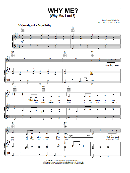 Kris Kristofferson Why Me? (Why Me, Lord?) sheet music preview music notes and score for Lyrics & Piano Chords including 2 page(s)
