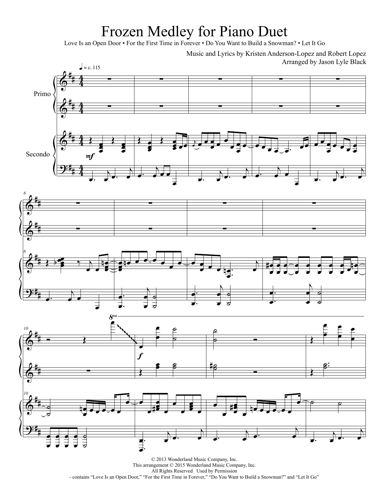Jason Lyle Black Frozen Medley for Piano Duet sheet music, chords, lyrics - Printable PDF for Piano Duet