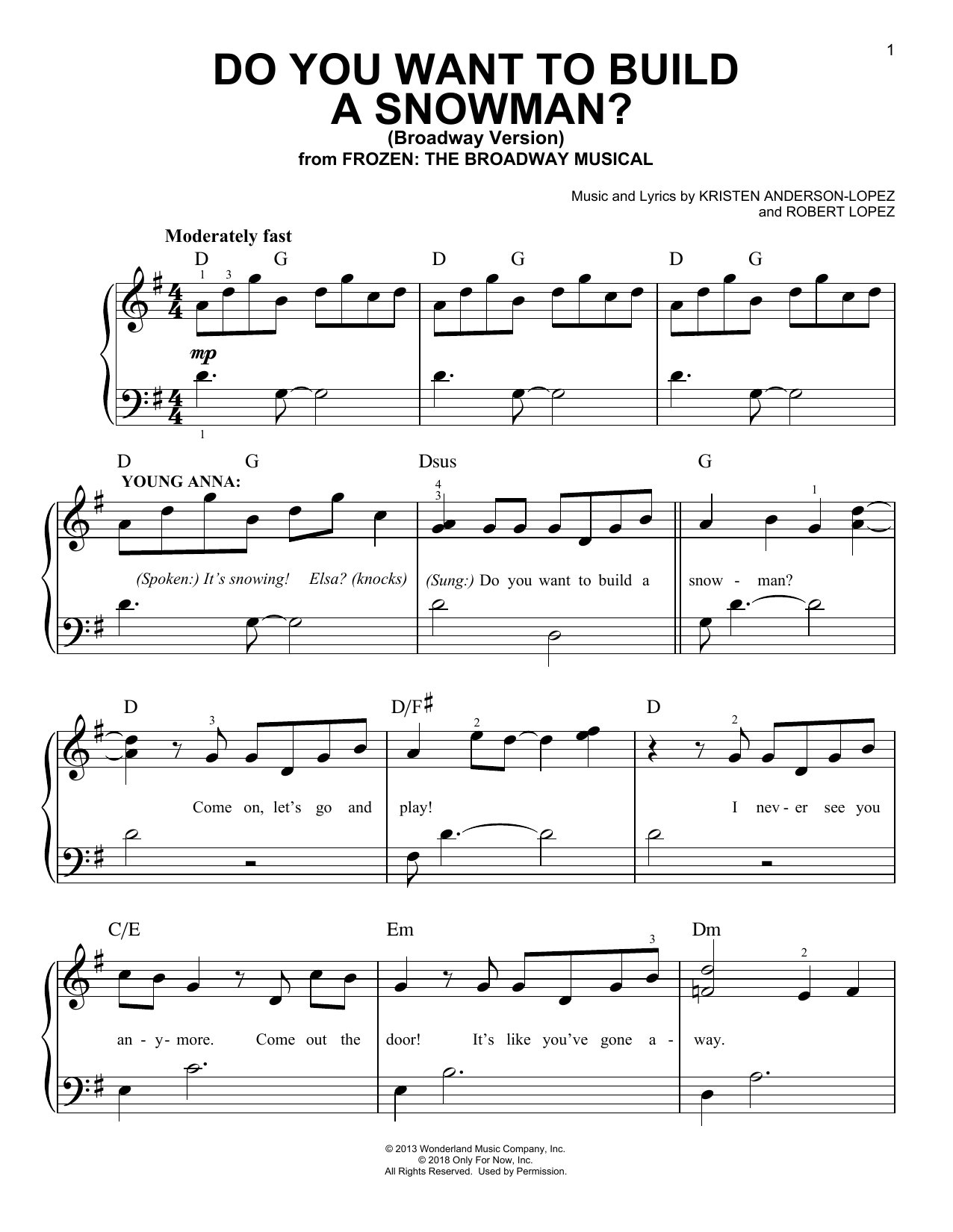 Kristen Anderson-Lopez & Robert Lopez Do You Want To Build A Snowman? (Broadway Version) sheet music, chords, lyrics - Printable PDF for Easy Piano