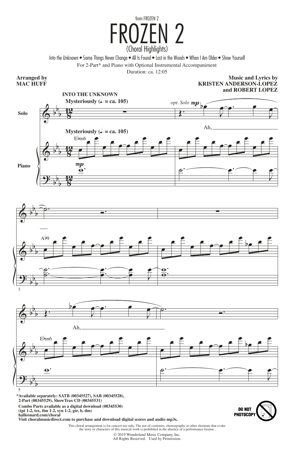 Kristen Anderson-Lopez & Robert Lopez Frozen 2 (Choral Highlights) (arr. Mac Huff) sheet music, chords, lyrics - Printable PDF for SAB Choir