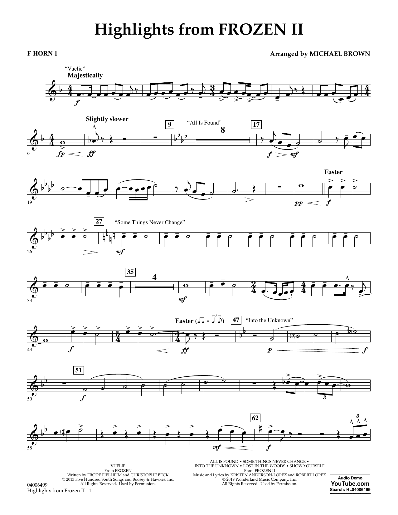 Kristen Anderson-Lopez & Robert Lopez Highlights from Disney's Frozen 2 (arr. Michael Brown) - F Horn 1 sheet music, chords, lyrics - Printable PDF for Concert Band