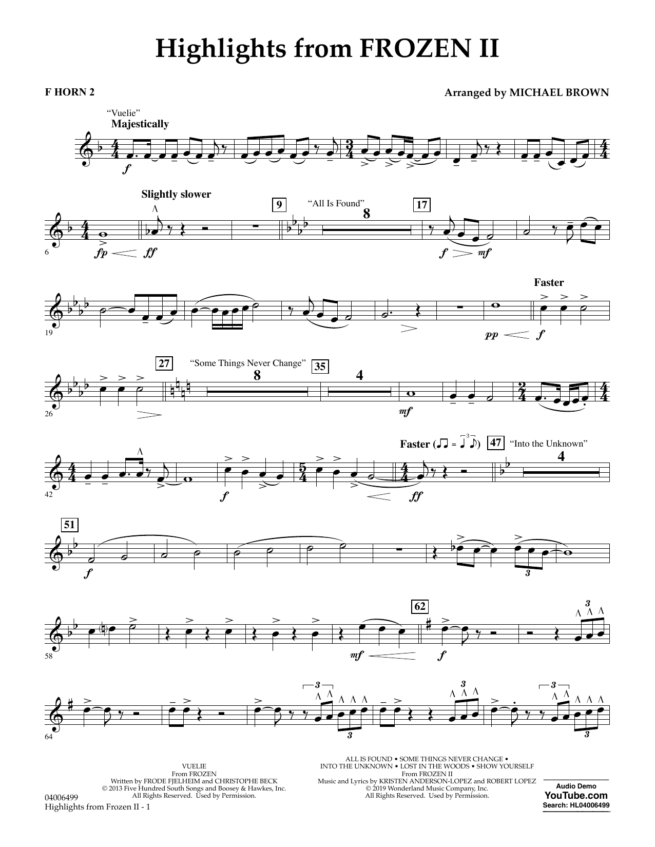 Kristen Anderson-Lopez & Robert Lopez Highlights from Disney's Frozen 2 (arr. Michael Brown) - F Horn 2 sheet music, chords, lyrics - Printable PDF for Concert Band