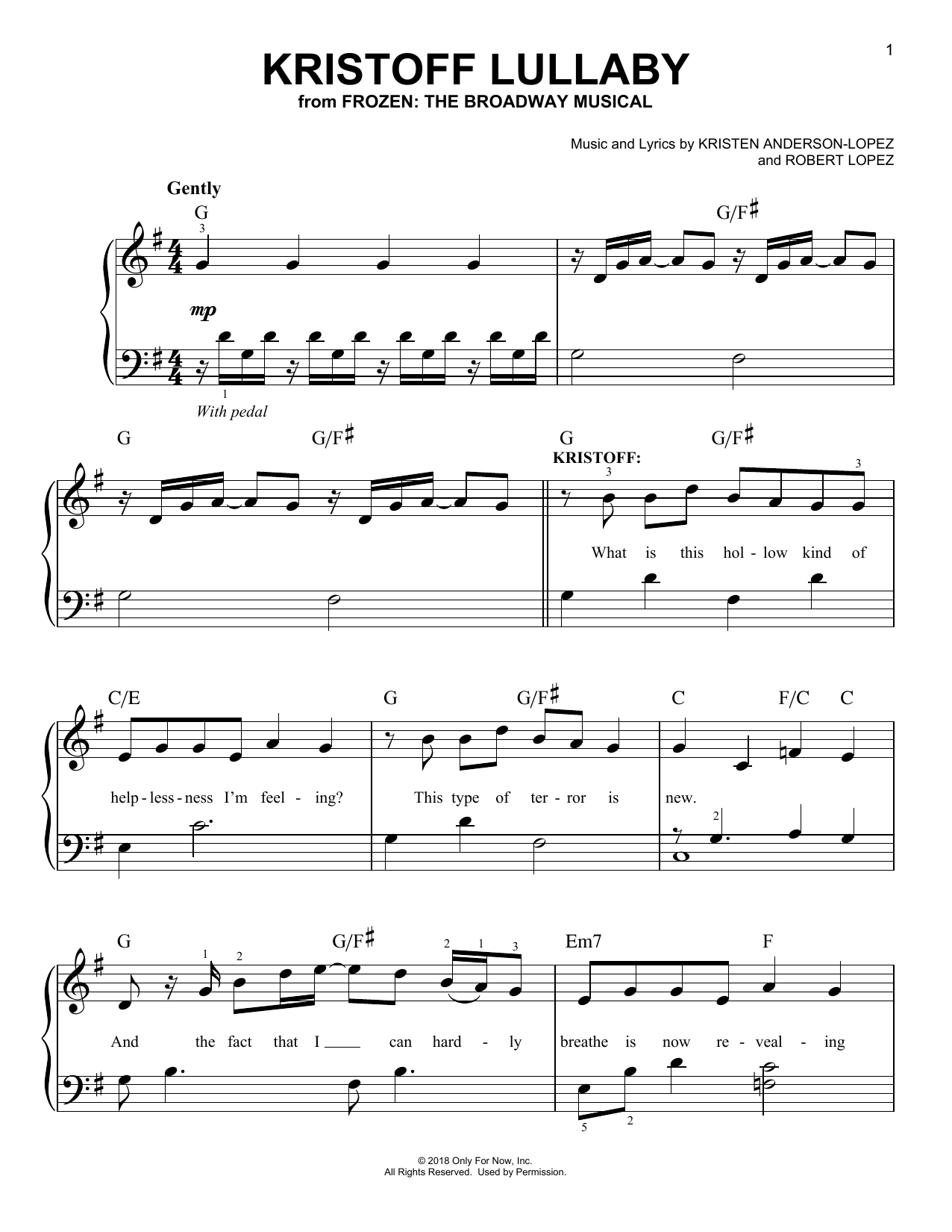 Kristen Anderson-Lopez & Robert Lopez Kristoff Lullaby (from Frozen: The Broadway Musical) sheet music, chords, lyrics - Printable PDF for Piano, Vocal & Guitar (Right-Hand Melody)