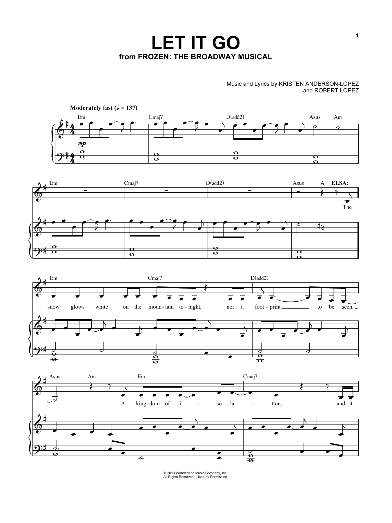 Kristen Anderson-Lopez & Robert Lopez Let It Go (from Frozen: The Broadway Musical) sheet music, chords, lyrics - Printable PDF for Piano & Vocal