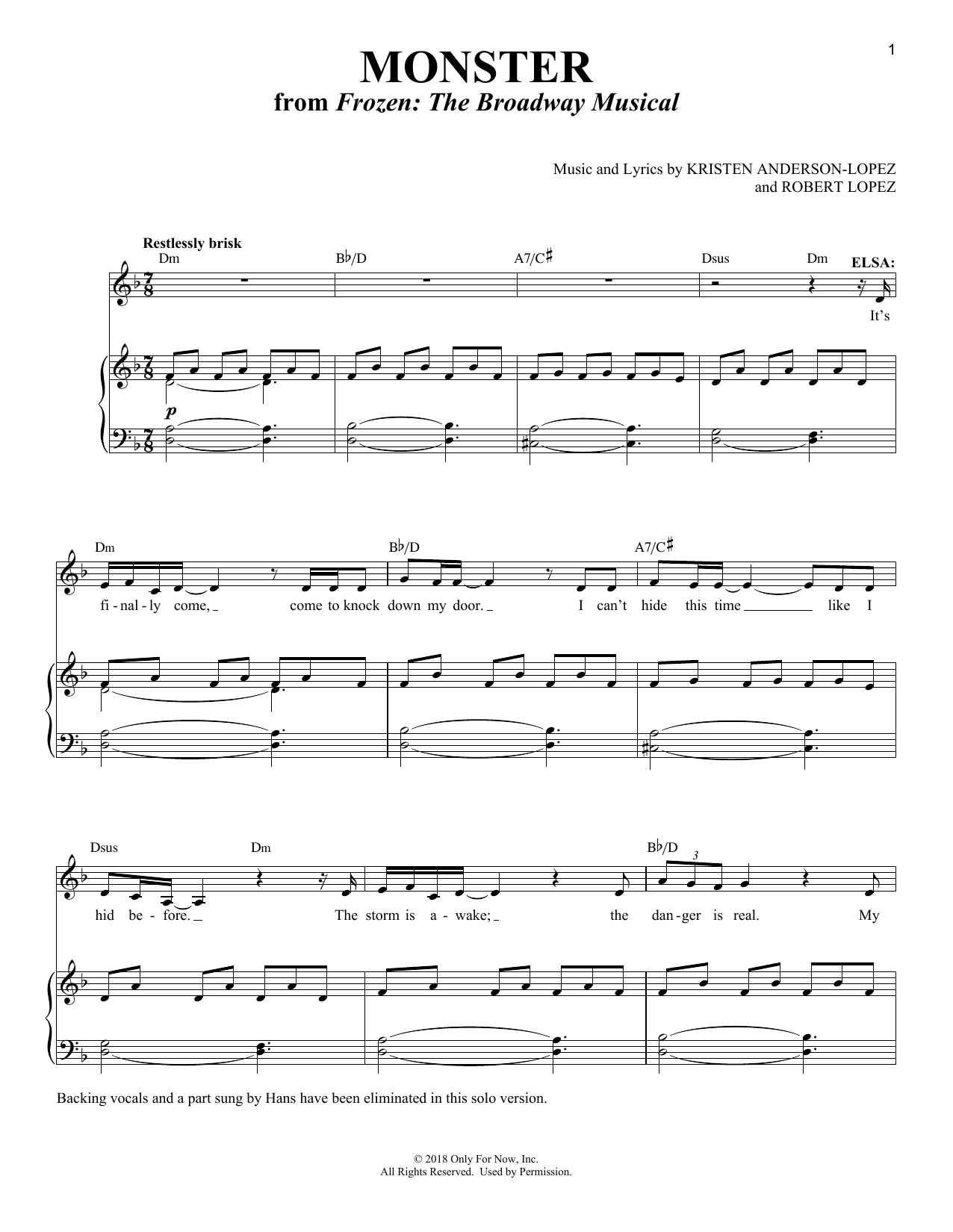 Kristen Anderson-Lopez & Robert Lopez Monster [Solo version] (from Frozen: The Broadway Musical) sheet music, chords, lyrics - Printable PDF for Piano & Vocal