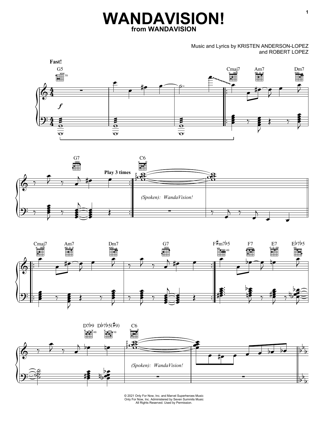 Kristen Anderson-Lopez & Robert Lopez WandaVision! sheet music, chords, lyrics - Printable PDF for Piano, Vocal & Guitar (Right-Hand Melody)