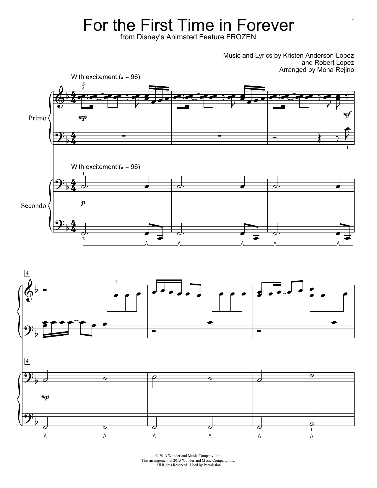 Kristen Bell & Idina Menzel For The First Time In Forever sheet music, chords, lyrics - Printable PDF for Piano Duet