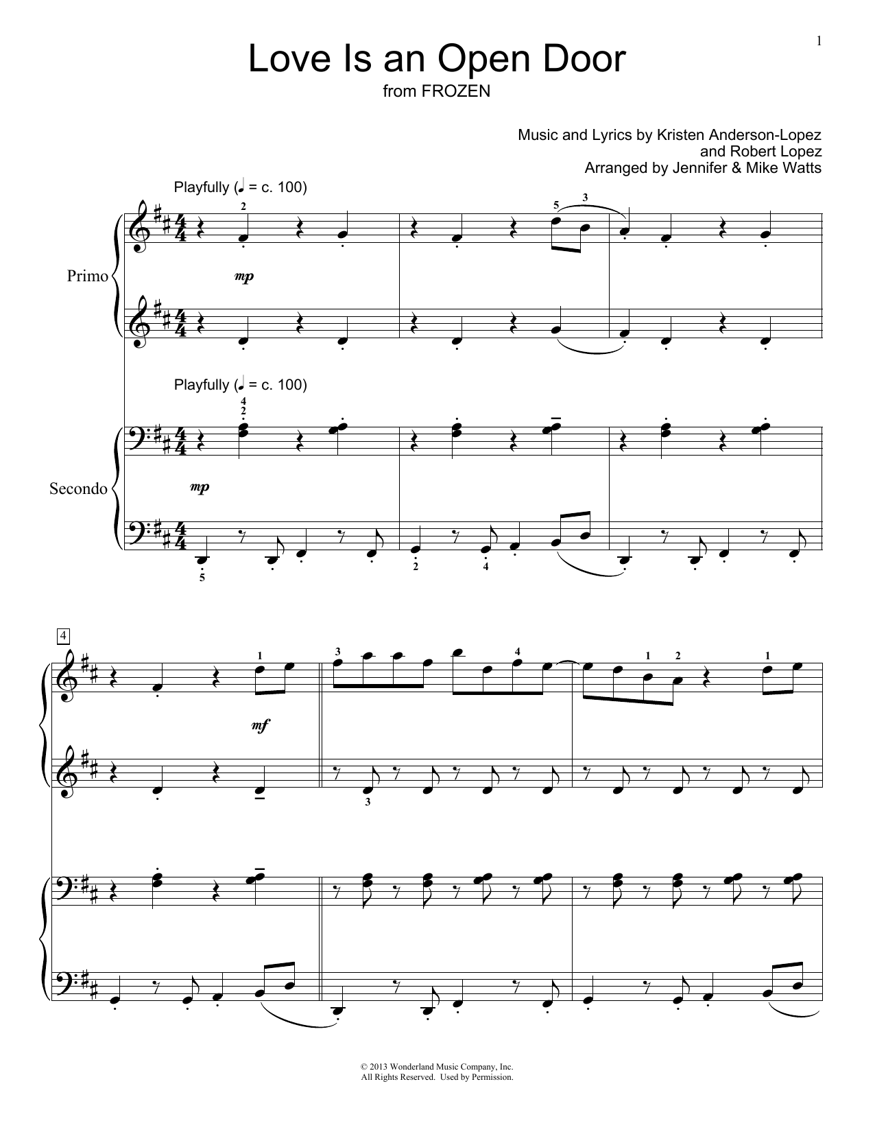 Jennifer and Mike Watts Love Is An Open Door sheet music, chords, lyrics - Printable PDF for Piano Duet