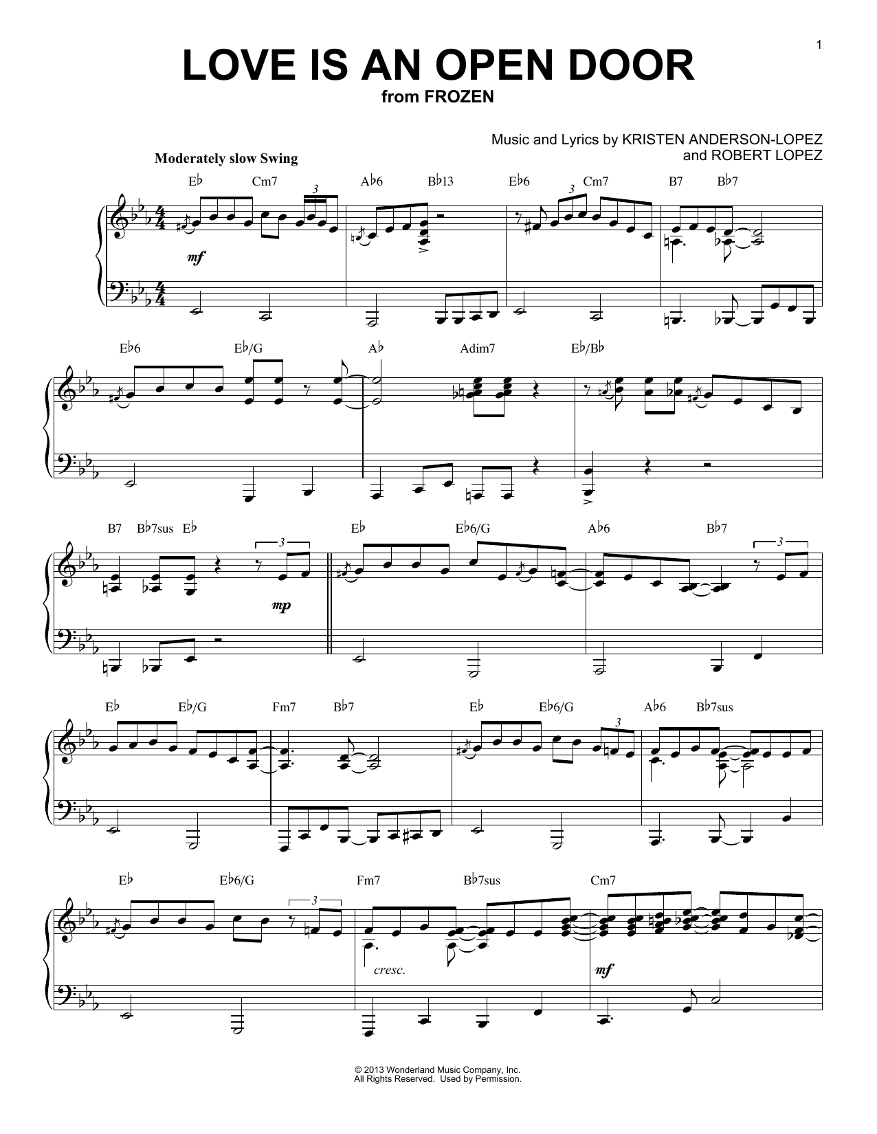 Kristen Bell & Santino Fontana Love Is An Open Door sheet music, chords, lyrics - Printable PDF for Piano