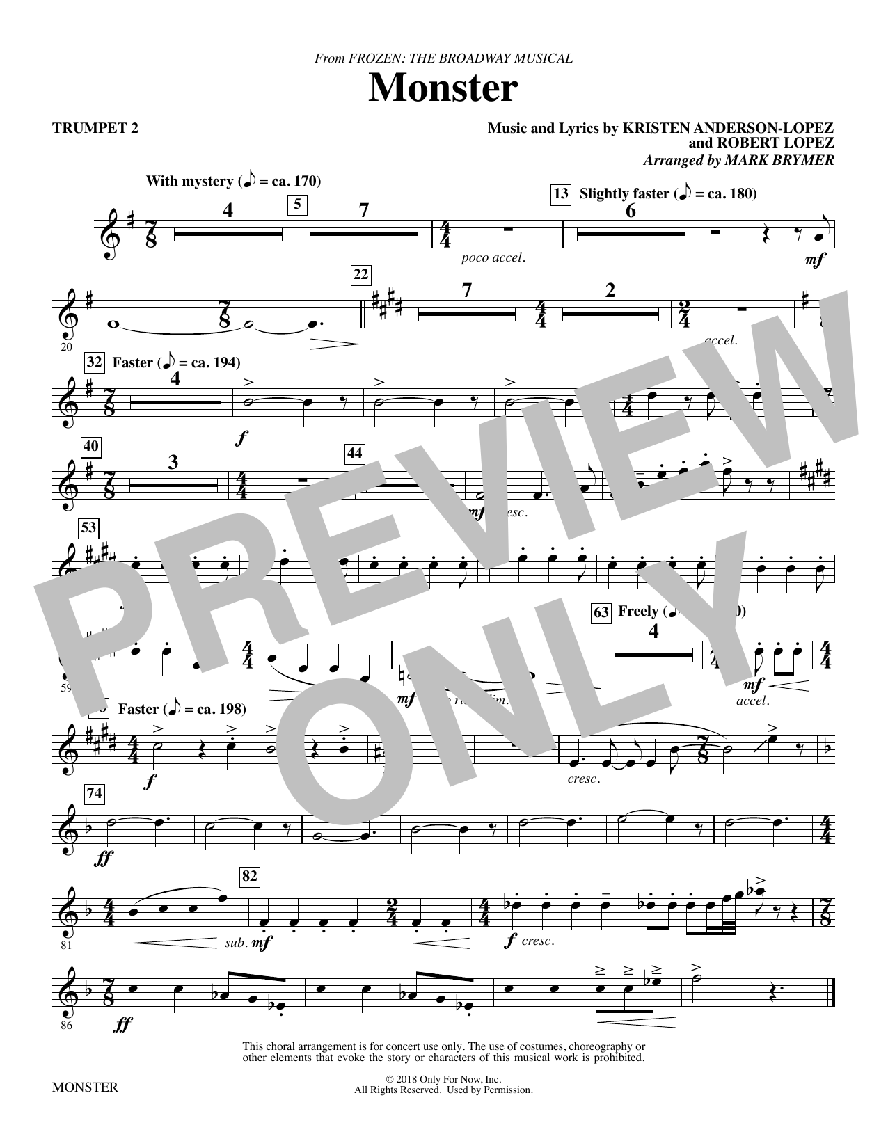 Learn to play Kristen Anderson-Lopez & Robert Lopez Monster (from Frozen The Broadway Musical) (arr. Mark Brymer) - Trumpet 2 sheet music for Choir Instrumental Pak in minutes. Kristen Anderson-Lopez & Robert Lopez Monster (from Frozen The Broadway Musical) (arr. Mark Brymer) - Trumpet 2 sheet music preview music notes and score for Choir Instrumental Pak including 1 page(s)