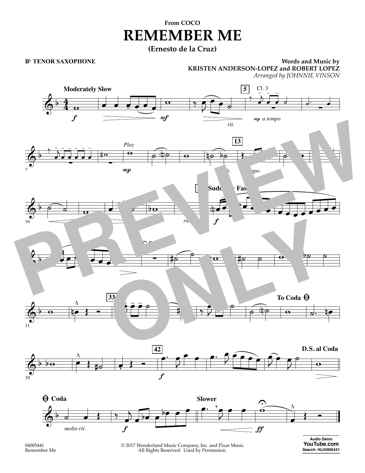 Learn to play Kristen Anderson-Lopez & Robert Lopez Remember Me (from Coco) (arr. Johnnie Vinson) - Bb Tenor Saxophone sheet music for Concert Band in minutes. Kristen Anderson-Lopez & Robert Lopez Remember Me (from Coco) (arr. Johnnie Vinson) - Bb Tenor Saxophone sheet music preview music notes and score for Concert Band including 1 page(s)