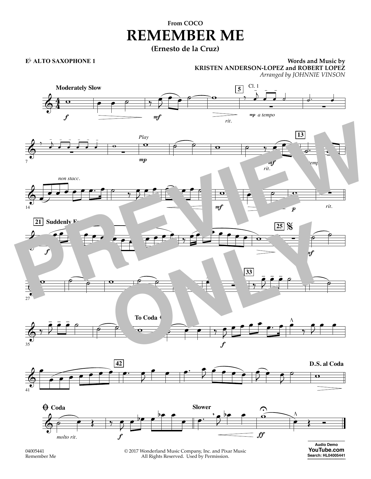 Learn to play Kristen Anderson-Lopez & Robert Lopez Remember Me (from Coco) (arr. Johnnie Vinson) - Eb Alto Saxophone 1 sheet music for Concert Band in minutes. Kristen Anderson-Lopez & Robert Lopez Remember Me (from Coco) (arr. Johnnie Vinson) - Eb Alto Saxophone 1 sheet music preview music notes and score for Concert Band including 1 page(s)