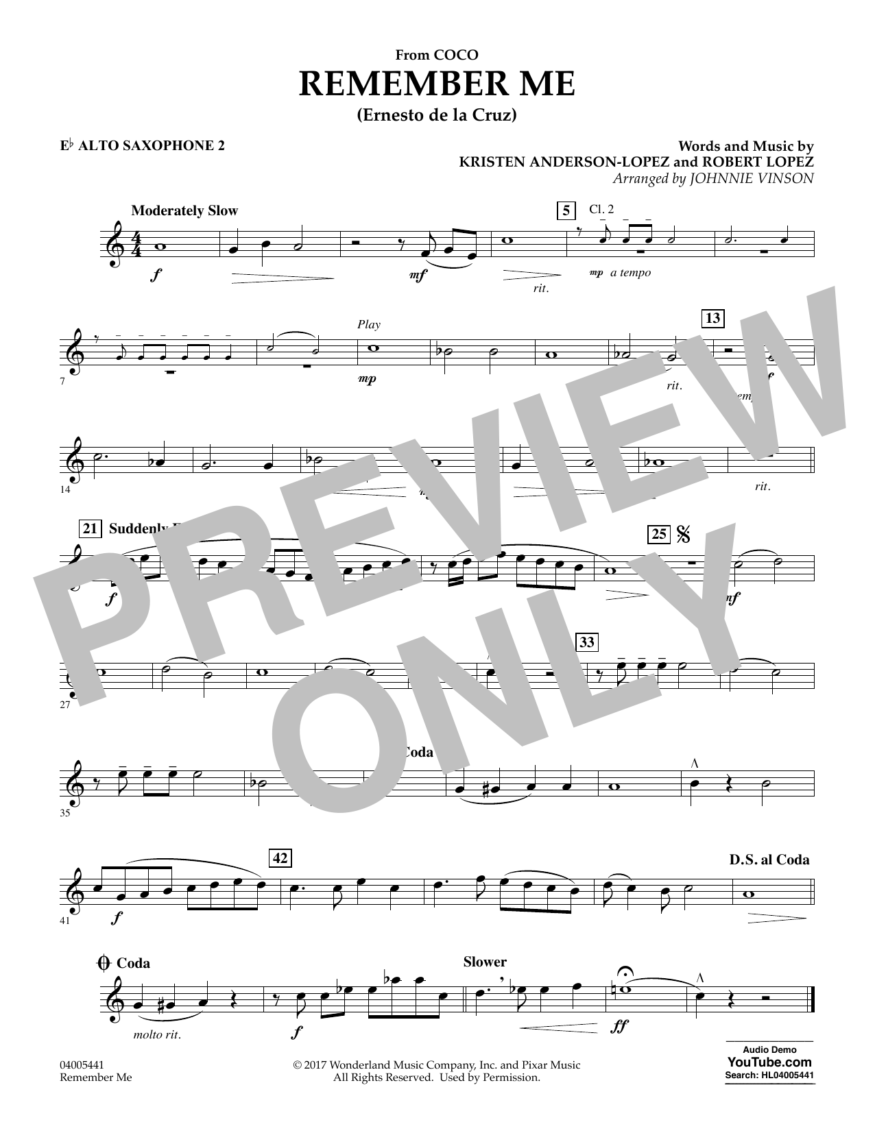 Learn to play Kristen Anderson-Lopez & Robert Lopez Remember Me (from Coco) (arr. Johnnie Vinson) - Eb Alto Saxophone 2 sheet music for Concert Band in minutes. Kristen Anderson-Lopez & Robert Lopez Remember Me (from Coco) (arr. Johnnie Vinson) - Eb Alto Saxophone 2 sheet music preview music notes and score for Concert Band including 1 page(s)