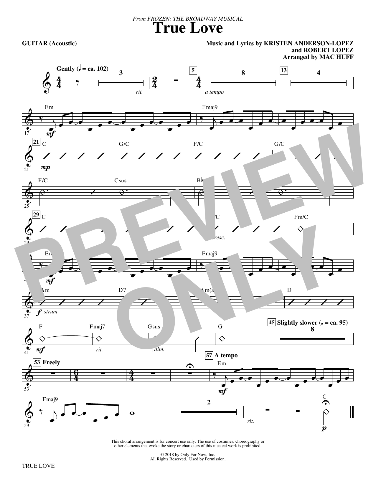 Learn to play Kristen Anderson-Lopez & Robert Lopez True Love (from Frozen: the Broadway Musical) (Arr. Mac Huff) - Guitar sheet music for Choir Instrumental Pak in minutes. Kristen Anderson-Lopez & Robert Lopez True Love (from Frozen: the Broadway Musical) (Arr. Mac Huff) - Guitar sheet music preview music notes and score for Choir Instrumental Pak including 1 page(s)