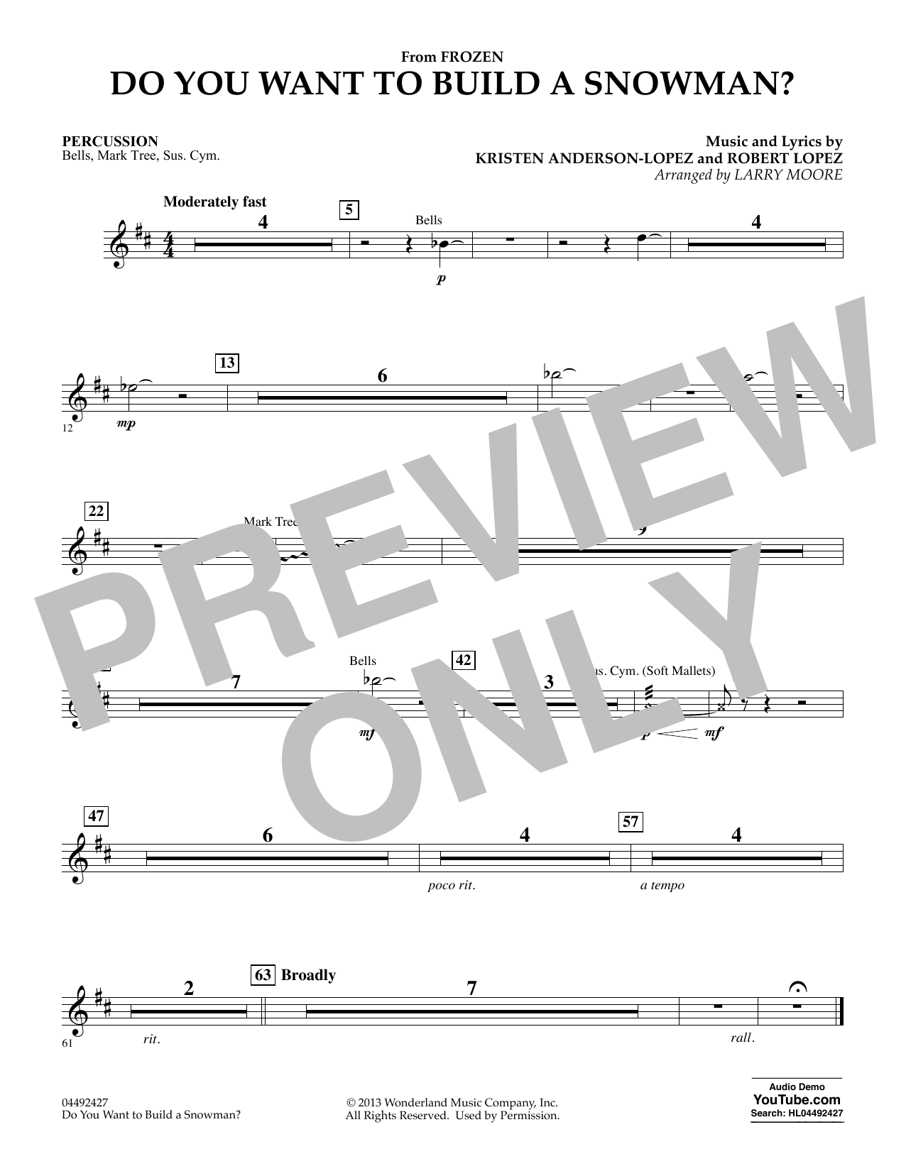 Learn to play Kristen Bell, Agatha Lee Monn & Katie Lopez Do You Want To Build A Snowman (from Frozen) (arr. Larry Moore) - Percussion sheet music for Orchestra in minutes. Kristen Bell, Agatha Lee Monn & Katie Lopez Do You Want To Build A Snowman (from Frozen) (arr. Larry Moore) - Percussion sheet music preview music notes and score for Orchestra including 1 page(s)