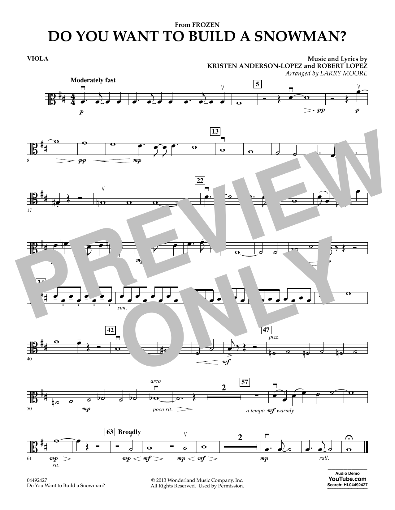 Learn to play Kristen Bell, Agatha Lee Monn & Katie Lopez Do You Want To Build A Snowman (from Frozen) (arr. Larry Moore) - Viola sheet music for Orchestra in minutes. Kristen Bell, Agatha Lee Monn & Katie Lopez Do You Want To Build A Snowman (from Frozen) (arr. Larry Moore) - Viola sheet music preview music notes and score for Orchestra including 1 page(s)