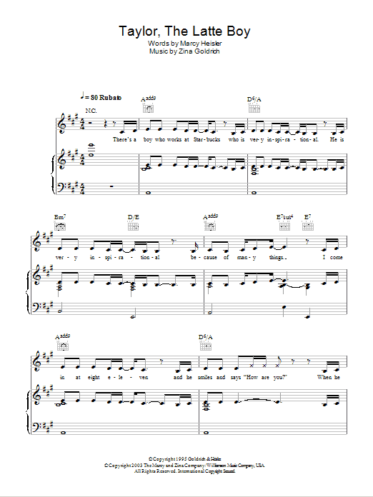 Kristin Chenoweth Taylor, The Latte Boy sheet music, chords, lyrics - Printable PDF for Piano, Vocal & Guitar (Right-Hand Melody)