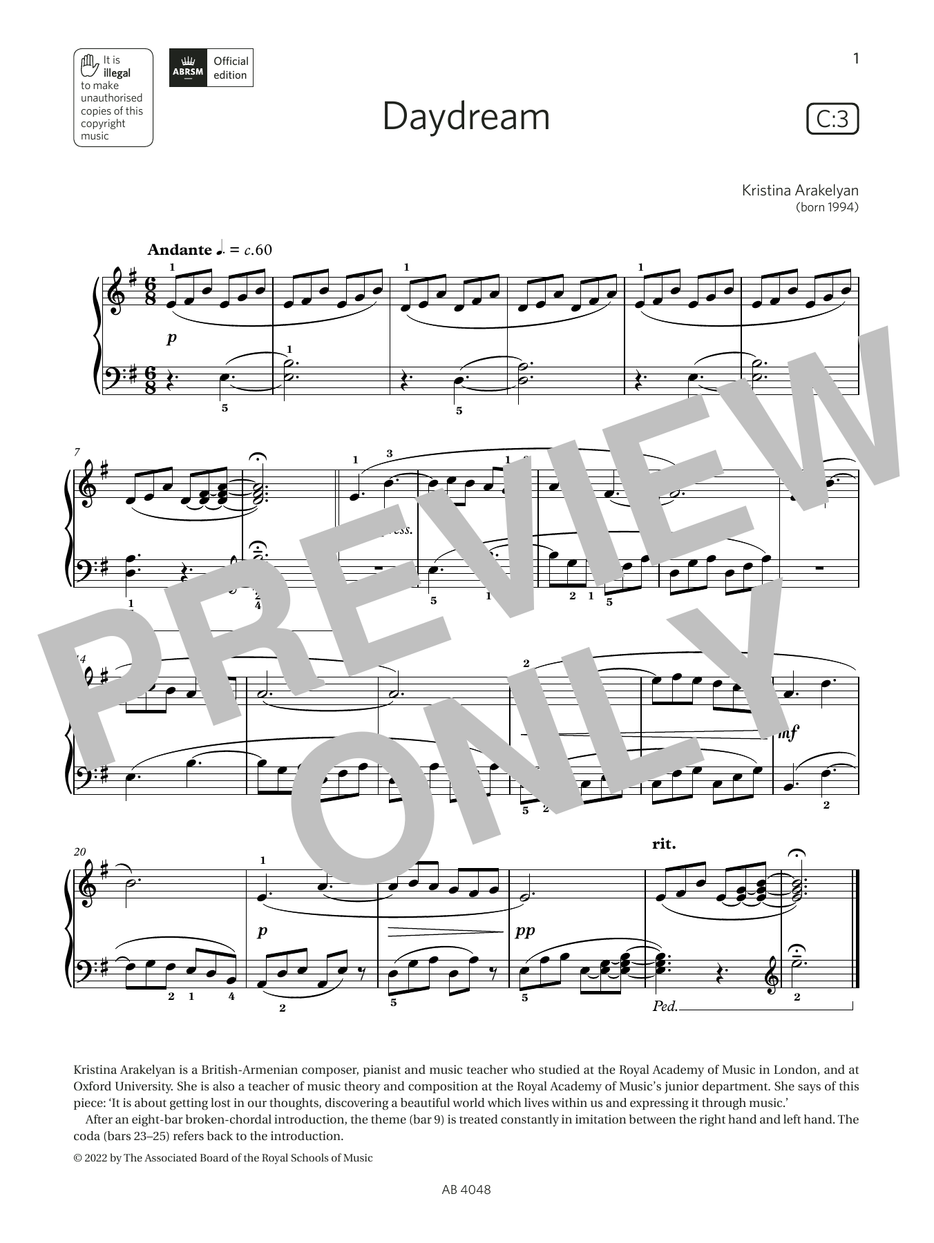 Kristina Arakelyan Daydream (Grade 2, list C3, from the ABRSM Piano Syllabus 2023 & 2024) sheet music, chords, lyrics - Printable PDF for Piano Solo