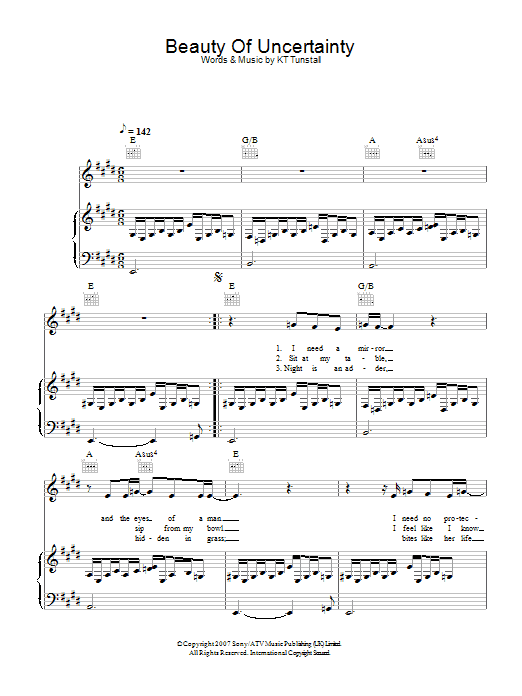 Learn to play KT Tunstall Beauty Of Uncertainty sheet music for Piano, Vocal & Guitar in minutes. KT Tunstall Beauty Of Uncertainty sheet music preview music notes and score for Piano, Vocal & Guitar including 5 page(s)