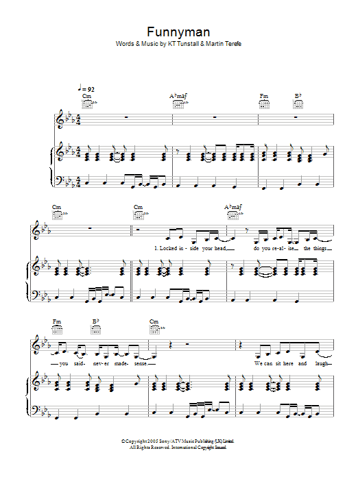 Learn to play KT Tunstall Funnyman sheet music for Piano, Vocal & Guitar in minutes. KT Tunstall Funnyman sheet music preview music notes and score for Piano, Vocal & Guitar including 5 page(s)