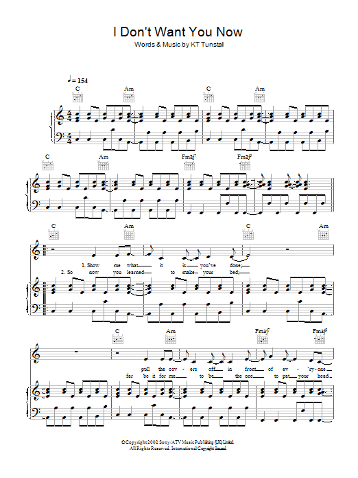 Learn to play KT Tunstall I Don't Want You Now sheet music for Piano, Vocal & Guitar in minutes. KT Tunstall I Don't Want You Now sheet music preview music notes and score for Piano, Vocal & Guitar including 5 page(s)