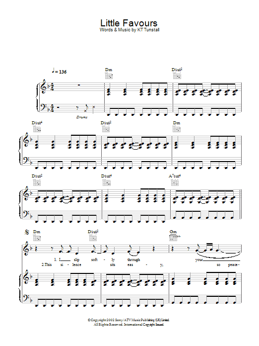 Learn to play KT Tunstall Little Favours sheet music for Piano, Vocal & Guitar in minutes. KT Tunstall Little Favours sheet music preview music notes and score for Piano, Vocal & Guitar including 6 page(s)