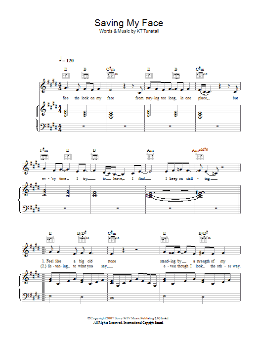 Learn to play KT Tunstall Saving My Face sheet music for Piano, Vocal & Guitar in minutes. KT Tunstall Saving My Face sheet music preview music notes and score for Piano, Vocal & Guitar including 5 page(s)
